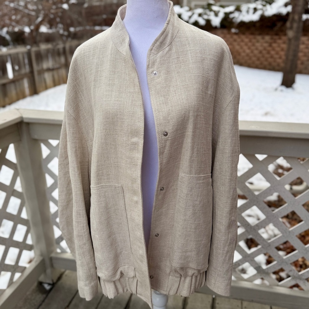 ZARA Linen Blend Bomber Jacket w/ Pockets Light Beige S/M Oversized Bloggers Fav - Picture 9 of 14